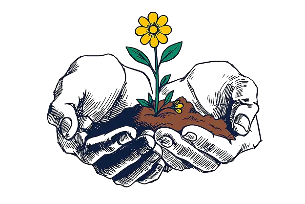 Hands holding soil with a growing flower